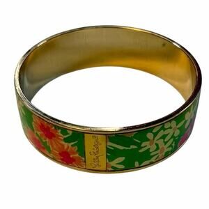 Lilly Pultizer green pink floral bracelet. Enamel, gold-plated bangle. Preppy